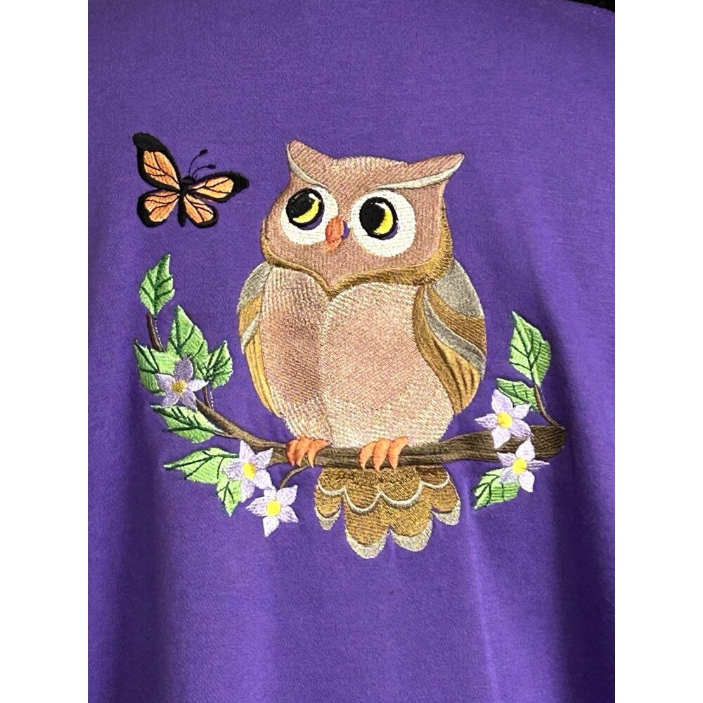 Vintage Tudor Court Women Large Fleece Jacket Embroidered Owls Purple Pockets - Picture 8 of 13